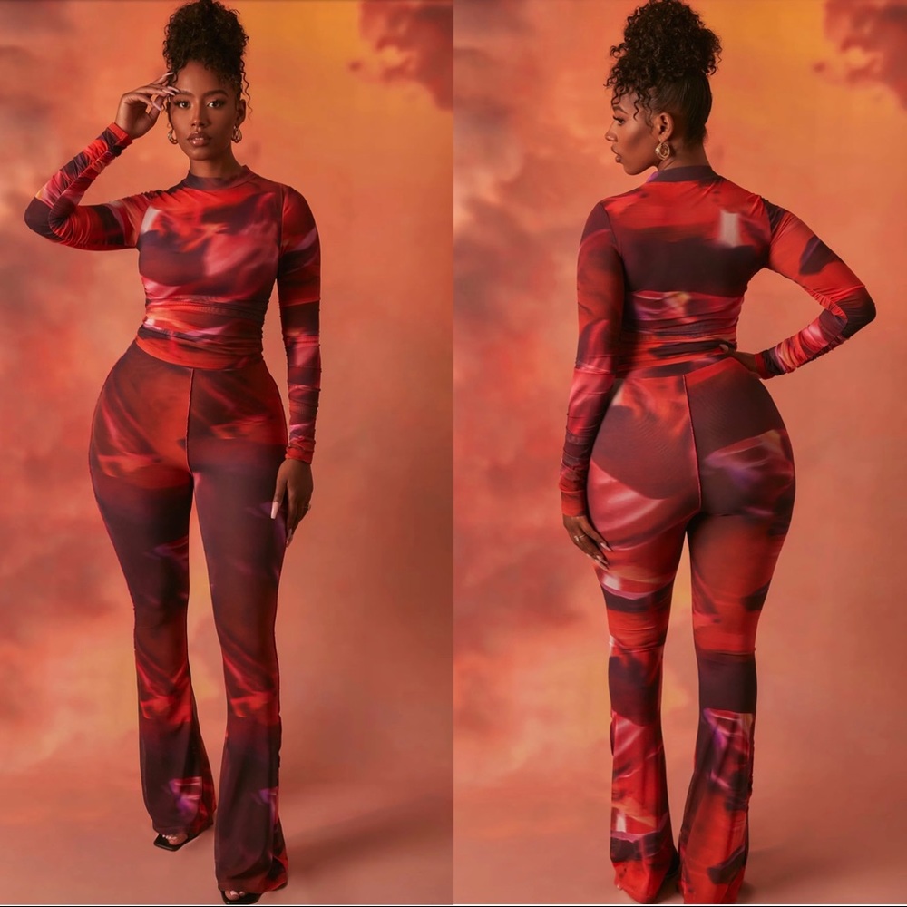 HIGH WAISTED FLARED MESH TROUSERS & BODYSUIT TOP